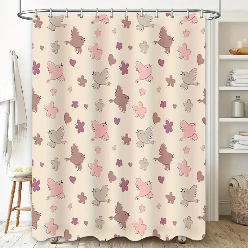 Charming Pink Brown Floral Birds Shower Curtain Decor for Bathroom Soft Fabric, Waterproof