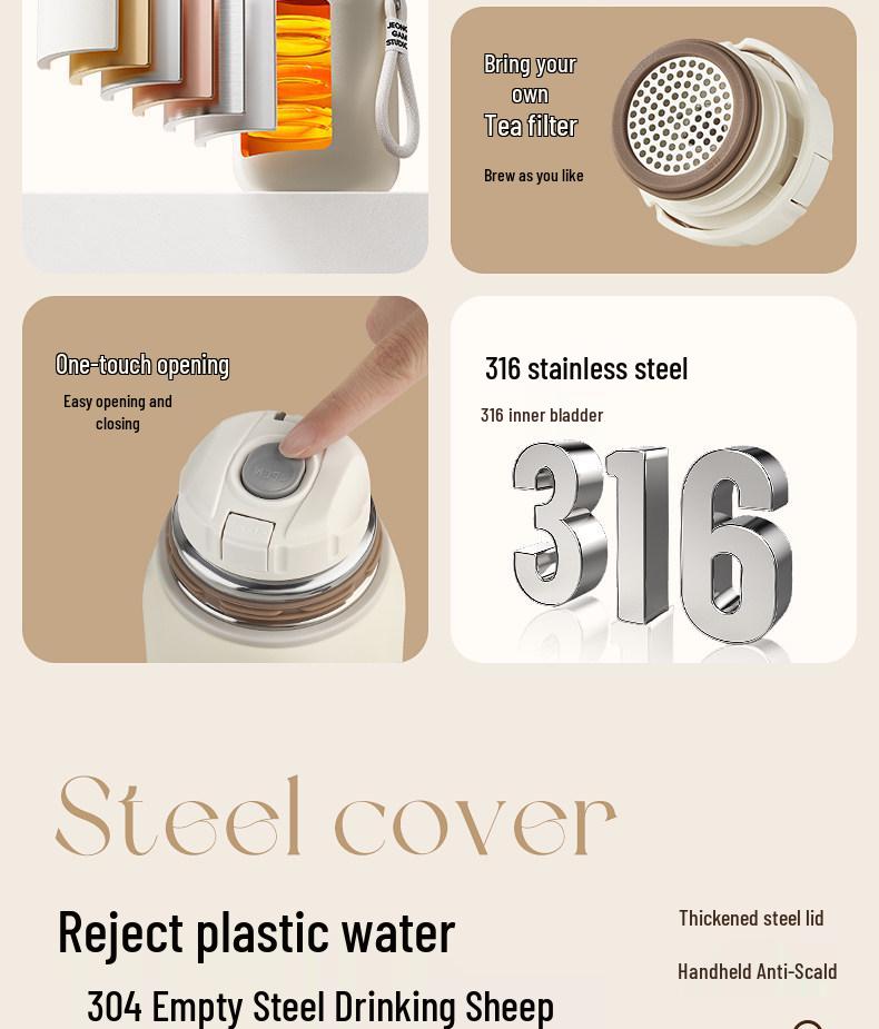 Women's Portable Thermos Mug, Compact 2025 Design, 316 Stainless Steel Lid, Suitable for Drinking Water, Child-Friendly.