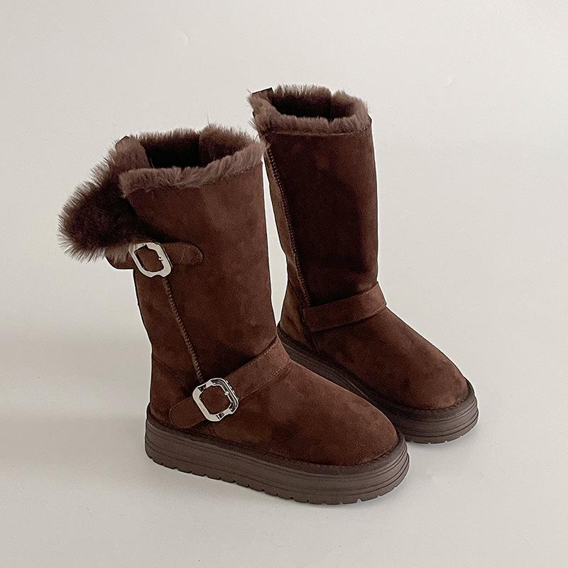 Design sense with skirt round head thick sole belt buckle Martin boots winter fashion retro velvet warm flat bottom snow boots