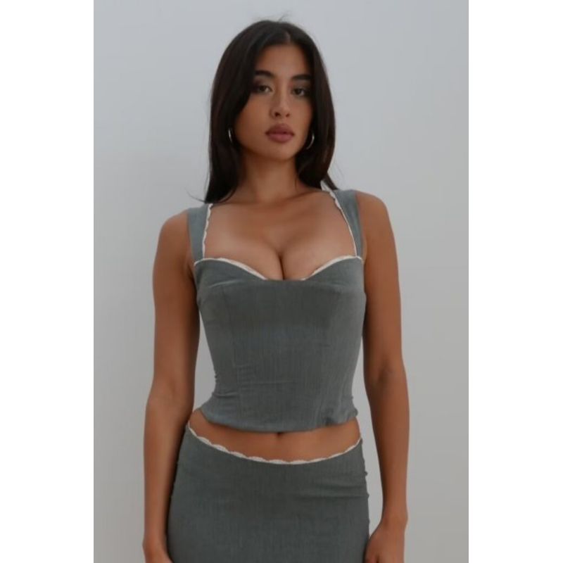 

Thailand Gray High Waist Sheath Split Skirt Lace Grey lace Tops M