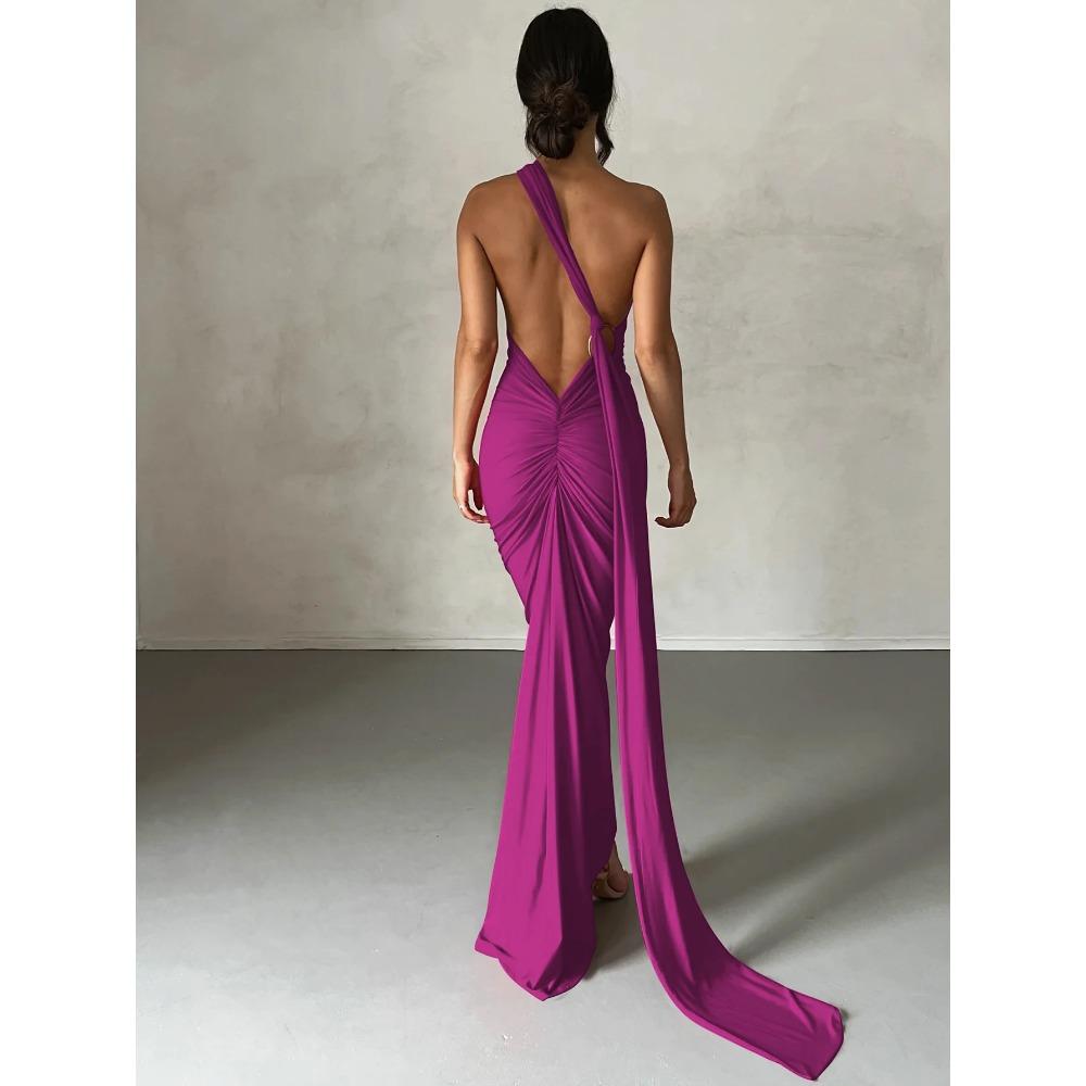 Dámské elegantní šály s volným zadkem a nastavitelným šátkem na jedno rameno, sexy, s nabíranými rukávy, maxi šaty, streetwear, festivalový outfit Y2K