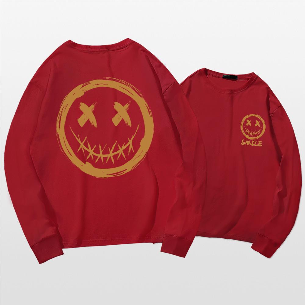 Japanese long-sleeved T-shirt men's summer tide personality graffiti smiley face print little devil grimace Hong Kong style loose top
