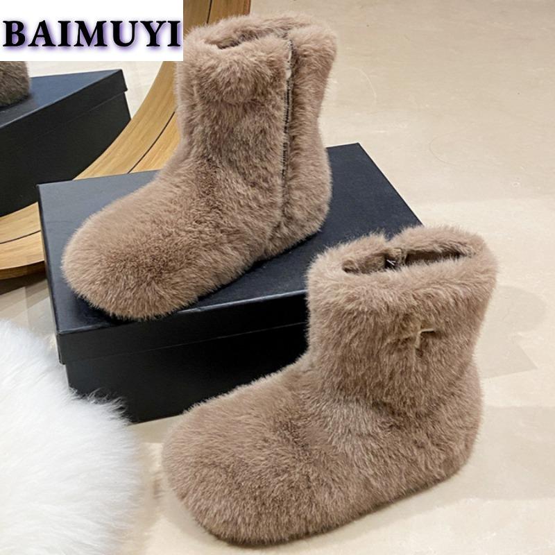 Winter Fur Flats Ankle Snow Boots Plush Warm Shoes Fashion 2025 Trend Designer New Walking Cozy Goth Chelsea Casual Botas Mujer