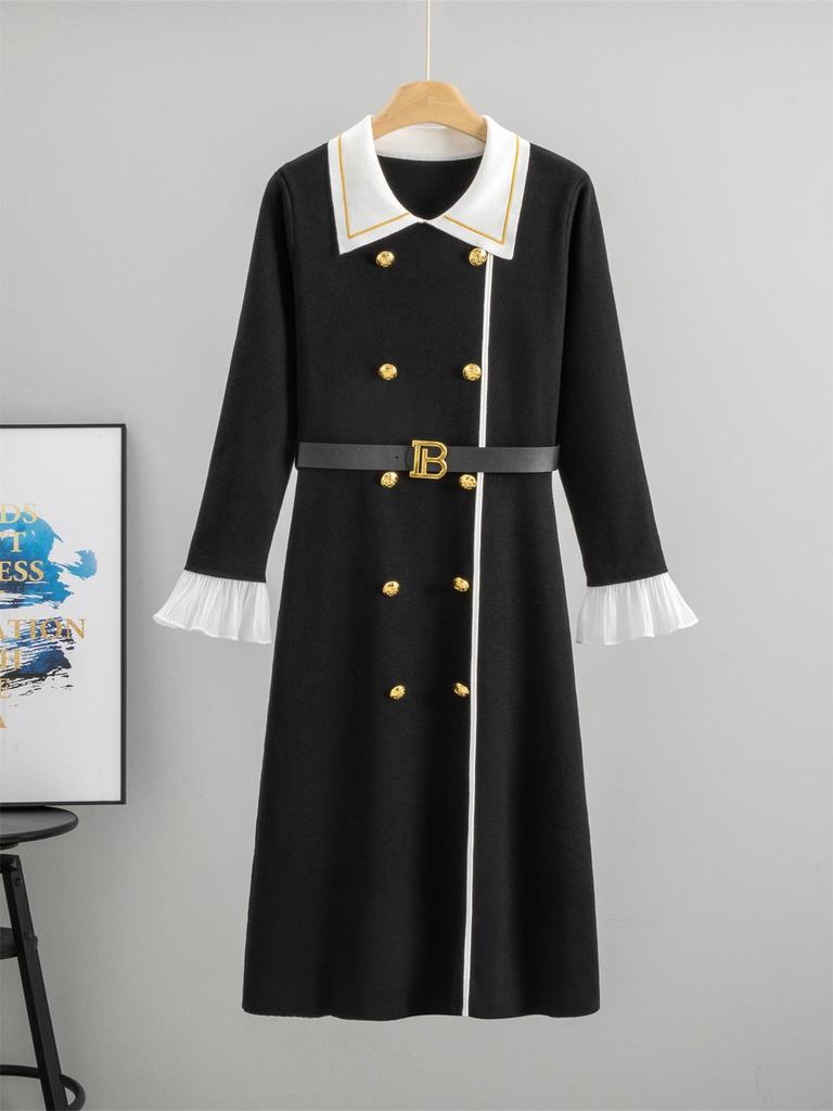 Autumn 2025 Fragrant Style Lapel Flared Sleeve Knitted Midi Dress