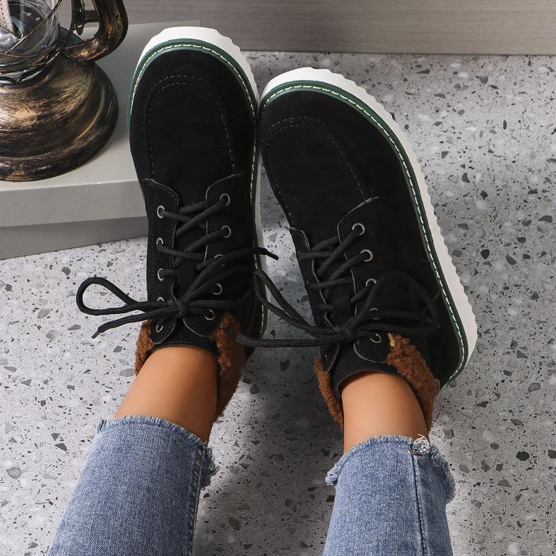 Foreign trade large size women's boots 2025 winter new thick-soled cotton boots women's solid color foot cover warm lace-up hair mouth short boots