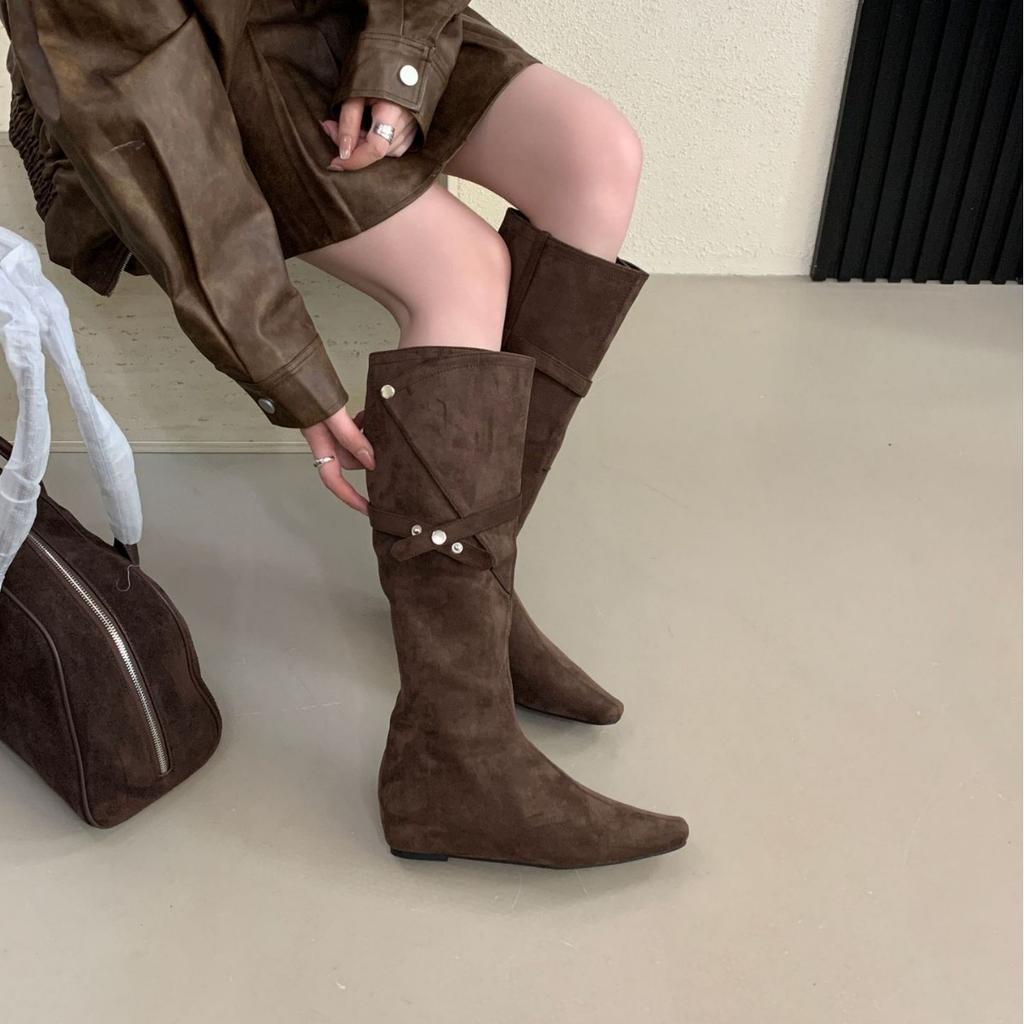 2025 new square head side zipper tall tube suede thin belt buckle knee knight women's boots