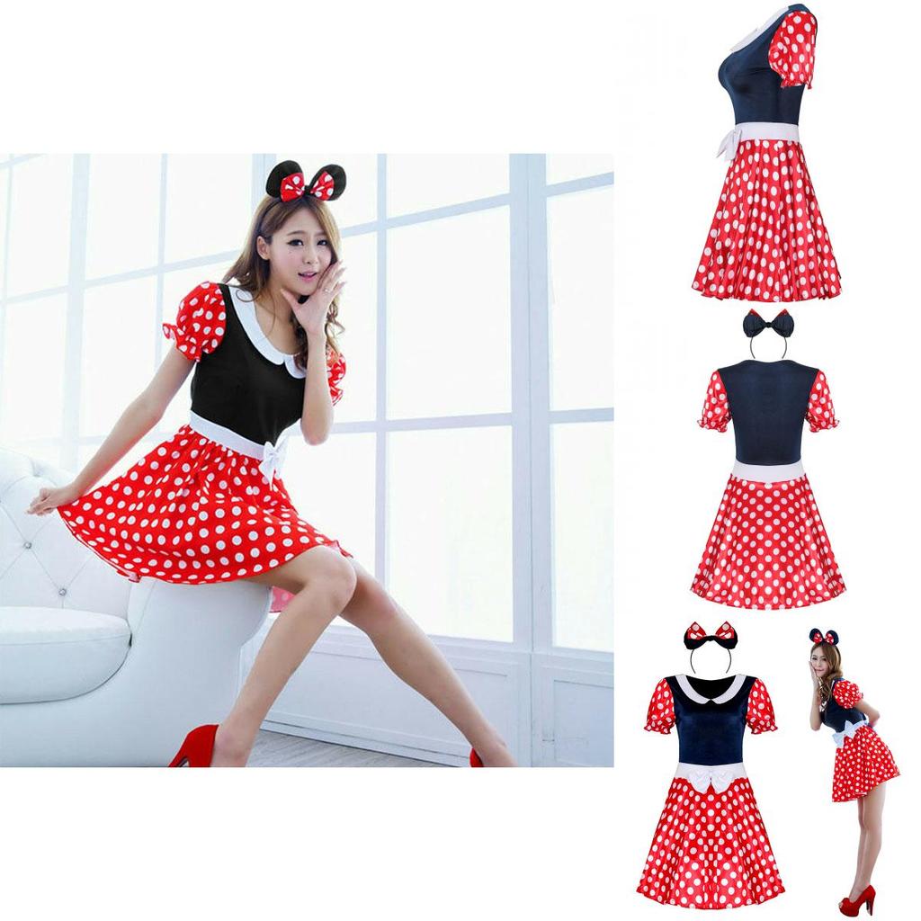 Costum Elegant Sexy pentru Femei Adulte cu Desene Animate Minnie Mouse cu Buline pentru Halloween