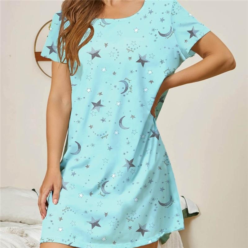 New Ladies Nightdress European And American Style Home Pajamas Skirt Round Neck Dress Casual Printing