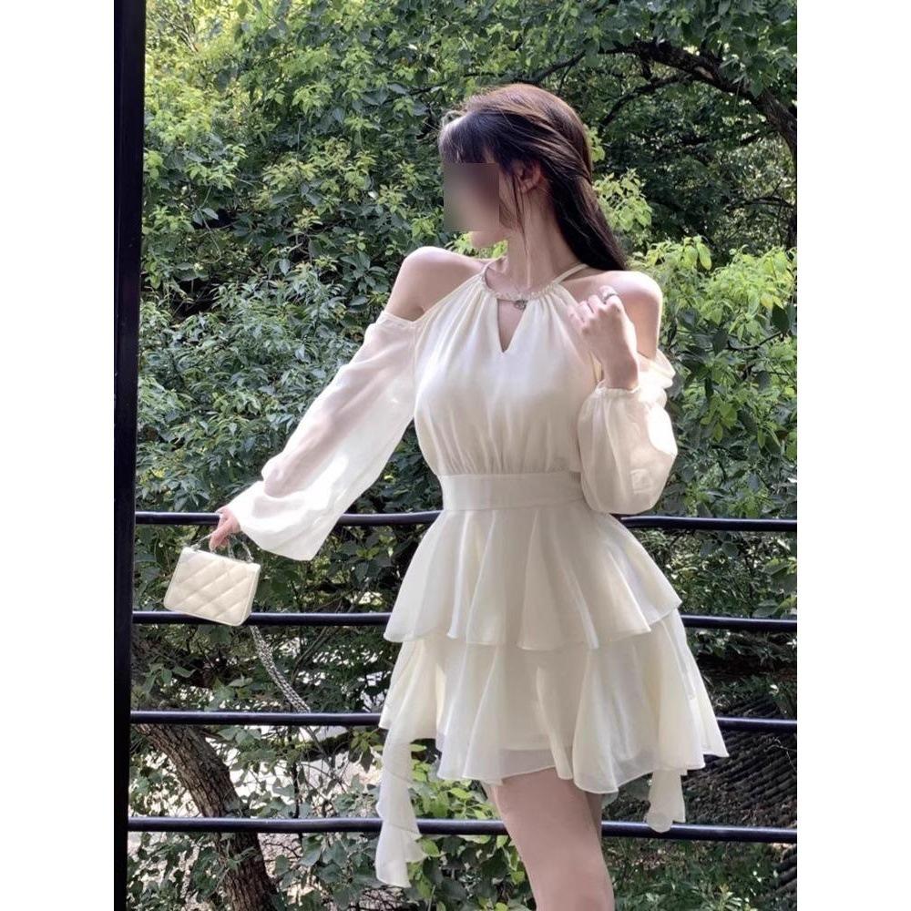 Super Fairy Temperament Short Apricot Off-the-shoulder Dress Women's New Casual Foreign Ruffled Halterneck Skirt In Summer