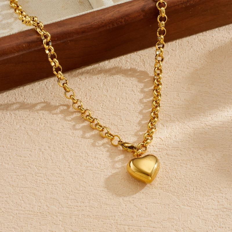 Gold Plated Chunky Rolo Chain 3D Heart Pendant Necklace