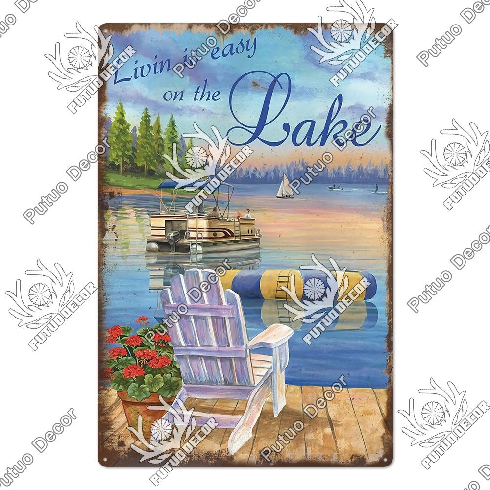 Putuo Decor Lake House Vintage Tin Signs Rustic Plaque Metal Plate Wall Art Decor for Living Room Kitchen and Entryway Posters