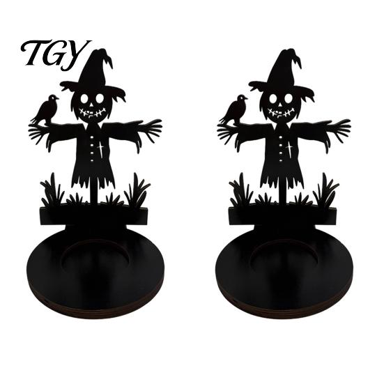 Unique Housewarming Gift Halloween Wooden Shadow Candle Holder, Scarecrow Bat Black Cat Ghost Silhouette Durable Garden Patio Decor Candlestick,