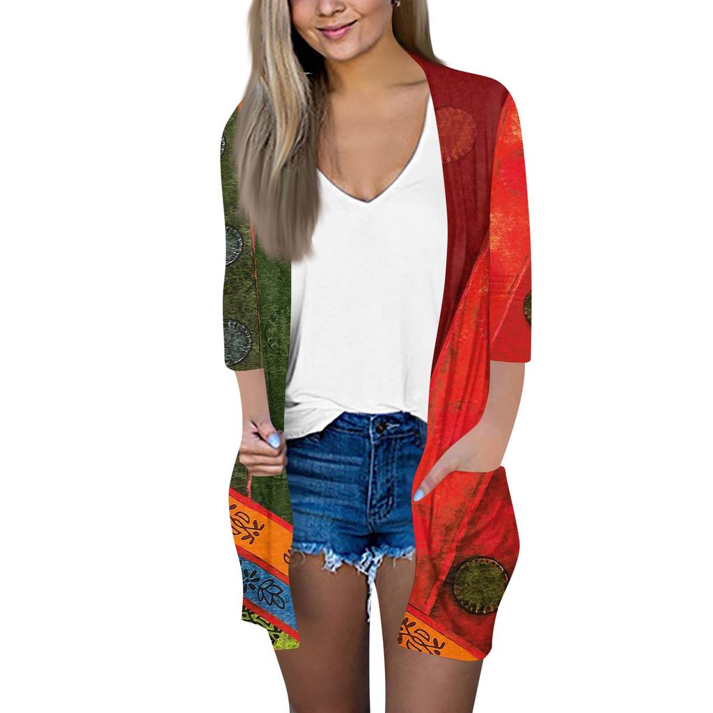 Women's Fashion Loose Casual Pocket Printed Cardigan Seven Sleeve Jacket Top