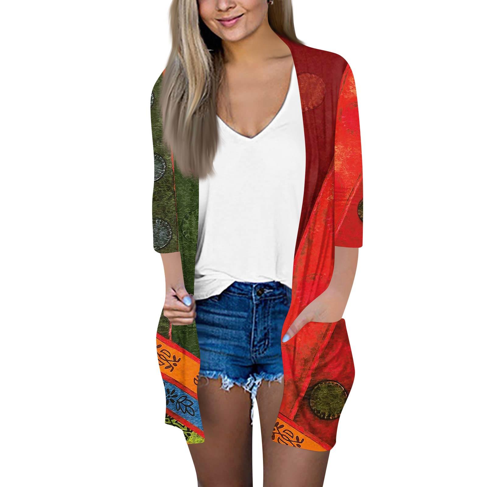 

Женский модный свободный повседневный кардиган с принтом и карманами, куртка с рукавом семь восьмых, топ M