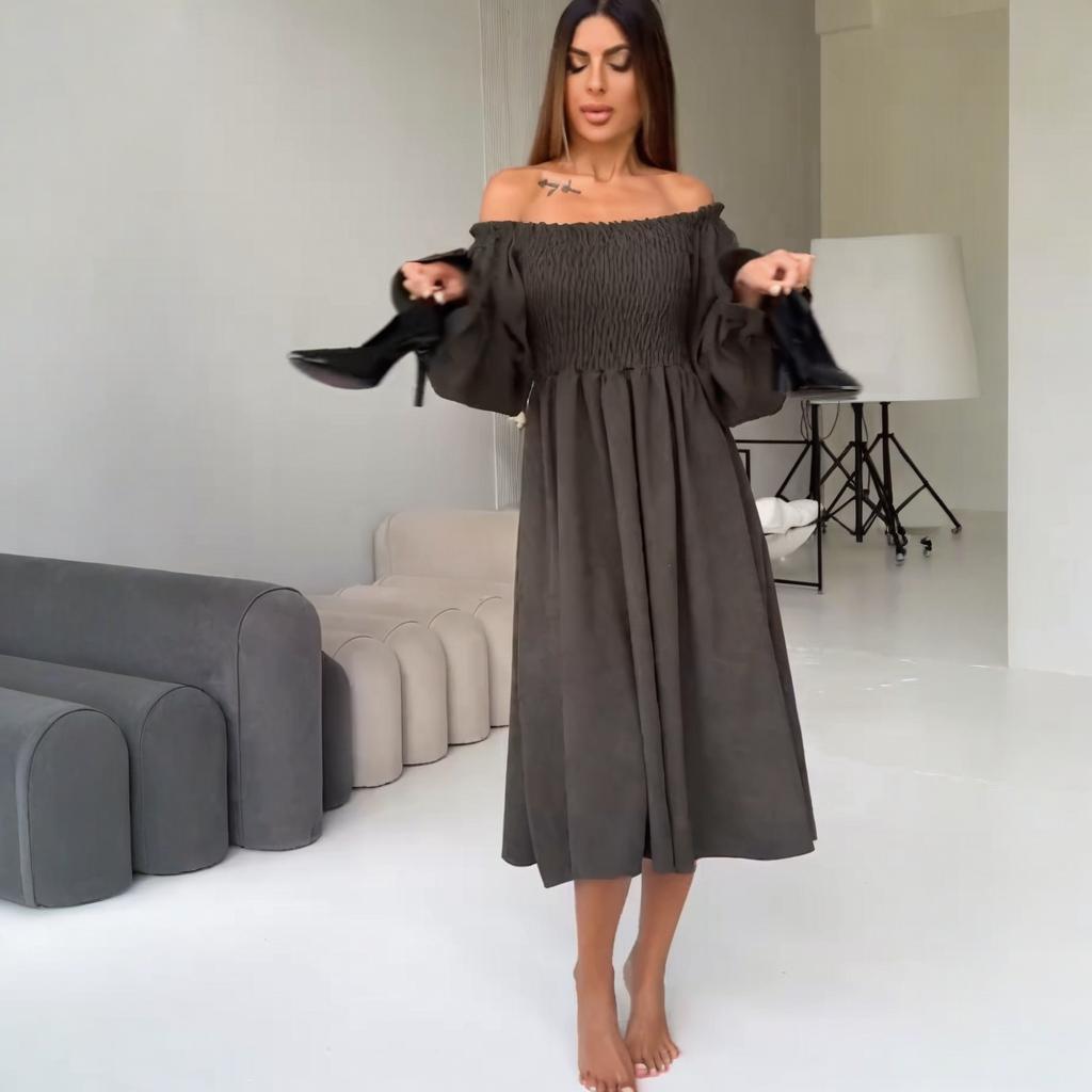 

2025 Solid Color Lantern Sleeve Mid-Length Dress XXL сірий колір