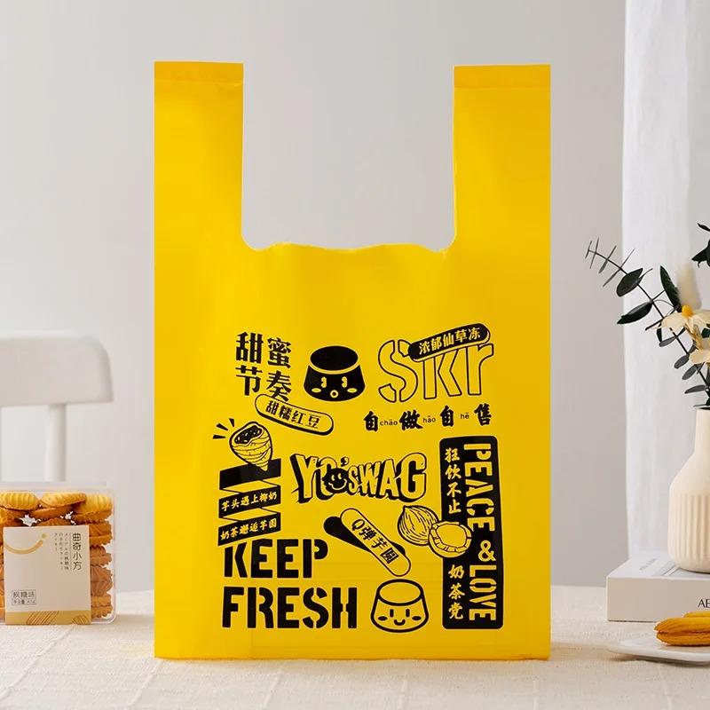 50pcs Disposable Peach Fruit Pattern Hand Bag Packaged Flower Takeaway Bags Snack Double Ear Plastic Vest Handle Shopping Pouch