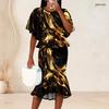 Women Plus Size Two Piece Set Round Neck Batwing Sleeve Ruffle Hem Top Black Gold Printed Fishtail Skirt
