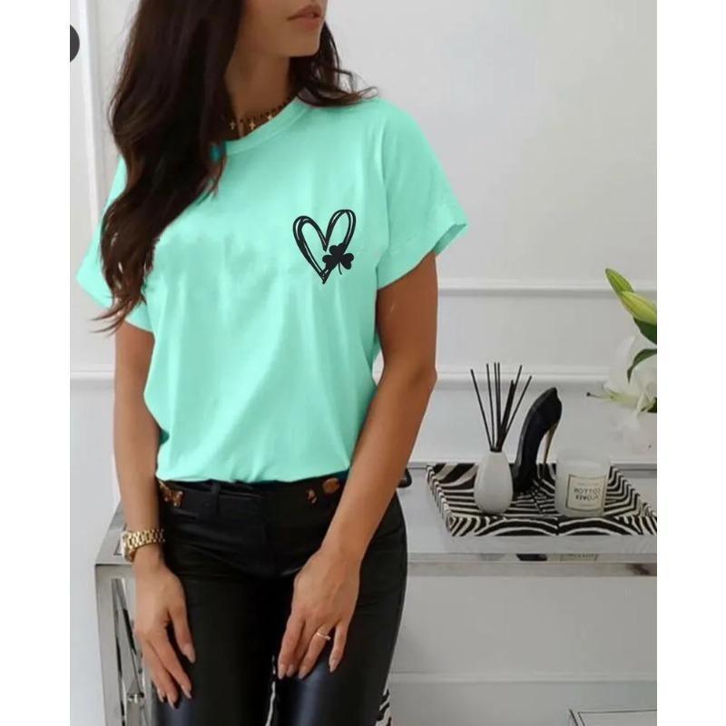 Καλοκαιρινή Γυναικεία Μπλούζα T-shirt με Στρογγυλή Λαιμόκοψη, Τυπωμένη με Σχέδιο 'Love Clover Smiling Face', Μοντέρνα, Casual, Καθαρό Βαμβάκι, Κοντομάνικη
