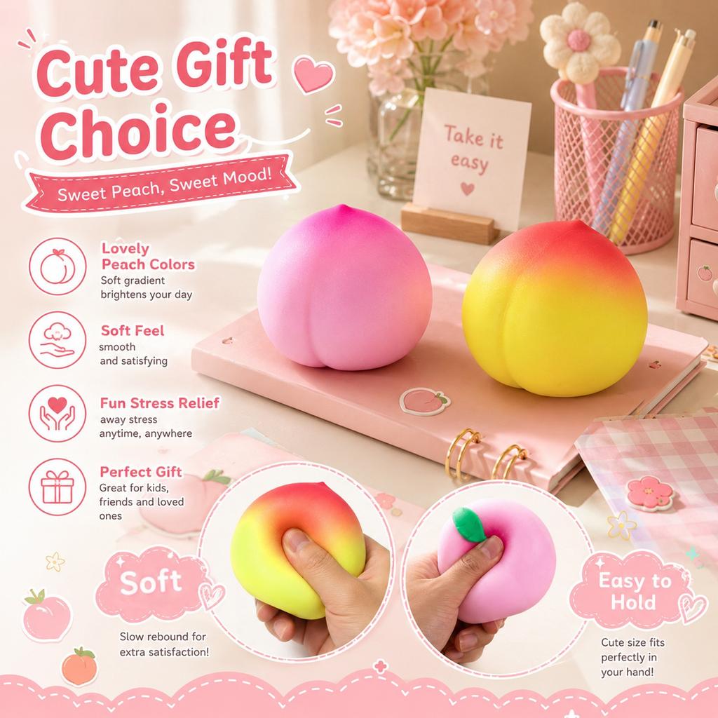 Peach Shaped Stress Relief Toy Soft Squishy Squeeze Ball with Independent OPP Packaging Durable Material for Sensory Play and Anxiety Reduction
