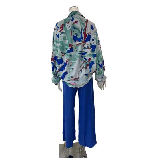 Damen 2-teiliges Outfit Blumendruck Langarm Hemd mit Knöpfen und High Waist Weitbeinige Hosen Set Frühling Sommer Lässiges Lounge Set