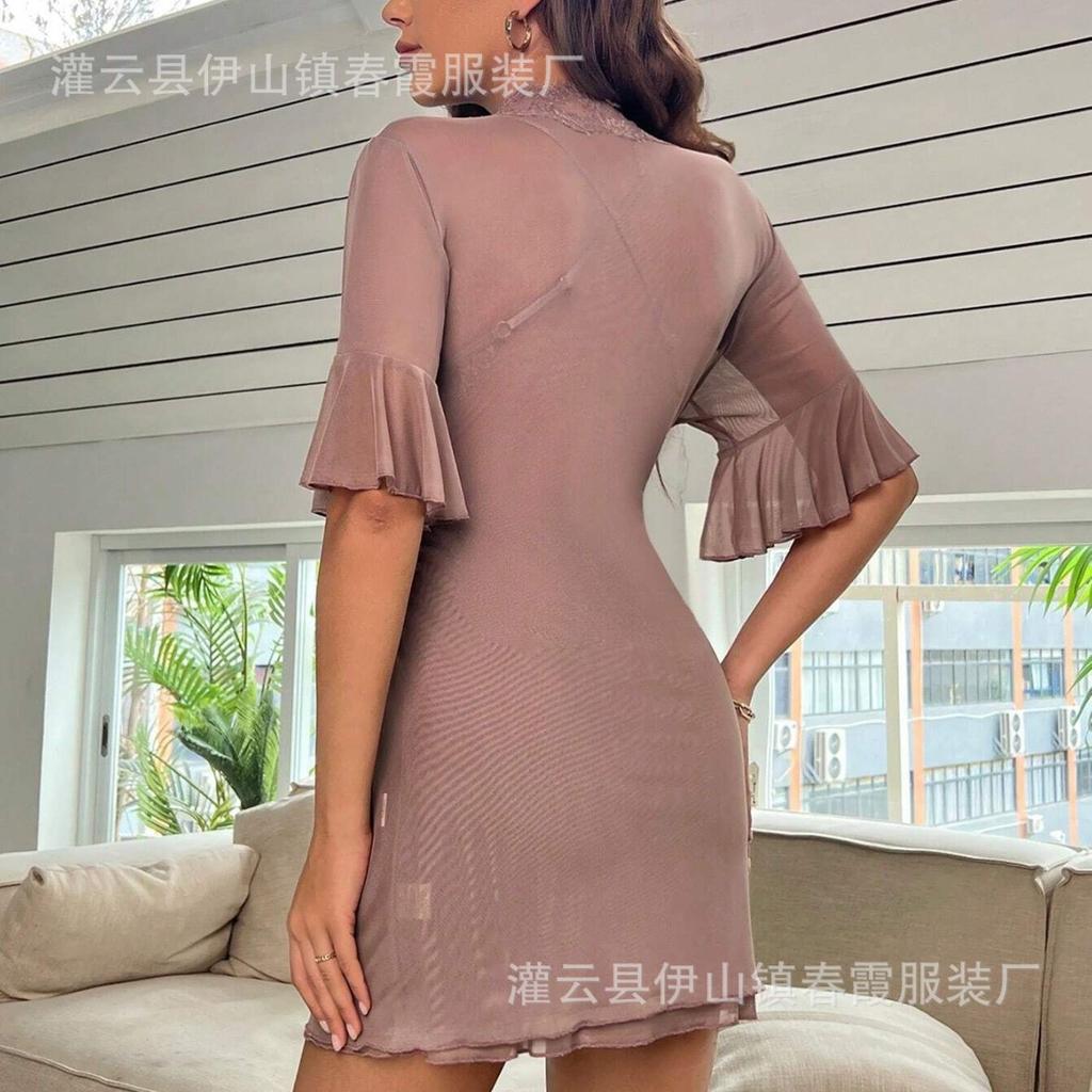 Sexy women's sexy lingerie, uniform seduction lace bow loungewear see-through