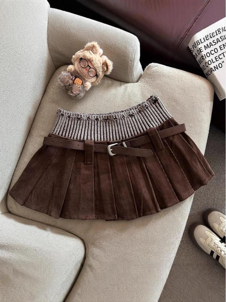 2025 Autumn Korean Style High-Waist Pleated Knit Patchwork Mini Skirt