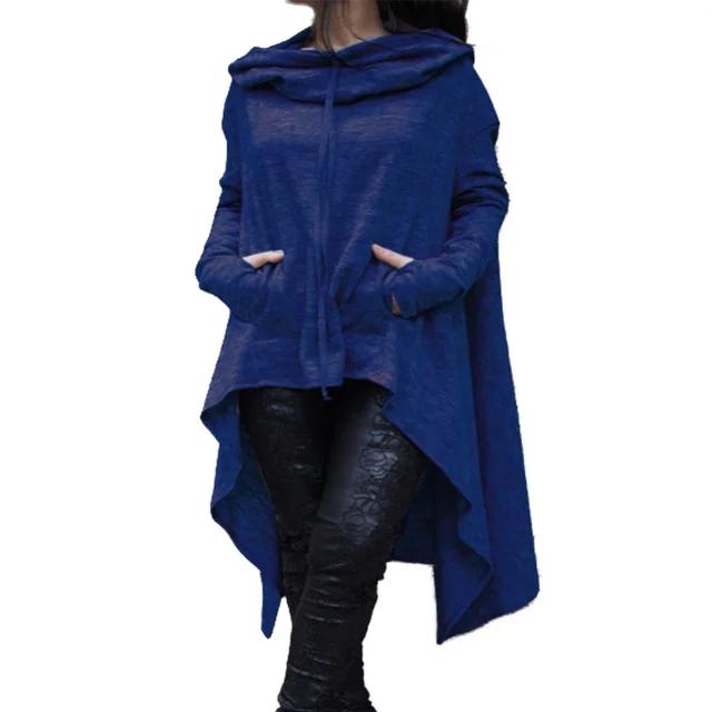 Felpa con cappuccio da donna in misto cotone tinta unita con orlo asimmetrico con coulisse Cappotto poncho allentato per felpa con cappuccio da donna