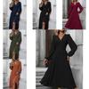 Polyester V Neck Lantern Sleeve Pleated A Line Dress For Autumn Winter Fashion