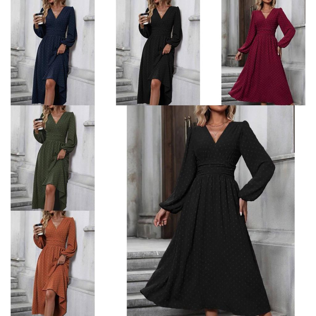 Polyester V Neck Lantern Sleeve Pleated A Line Dress For Autumn Winter Fashion
