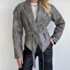 Vintage V-neck Belt Faux Leather Jackets Women Chic Full Sleeve Lace Up High Waist Lapel Overcoat Autumn Female Street Outerwear