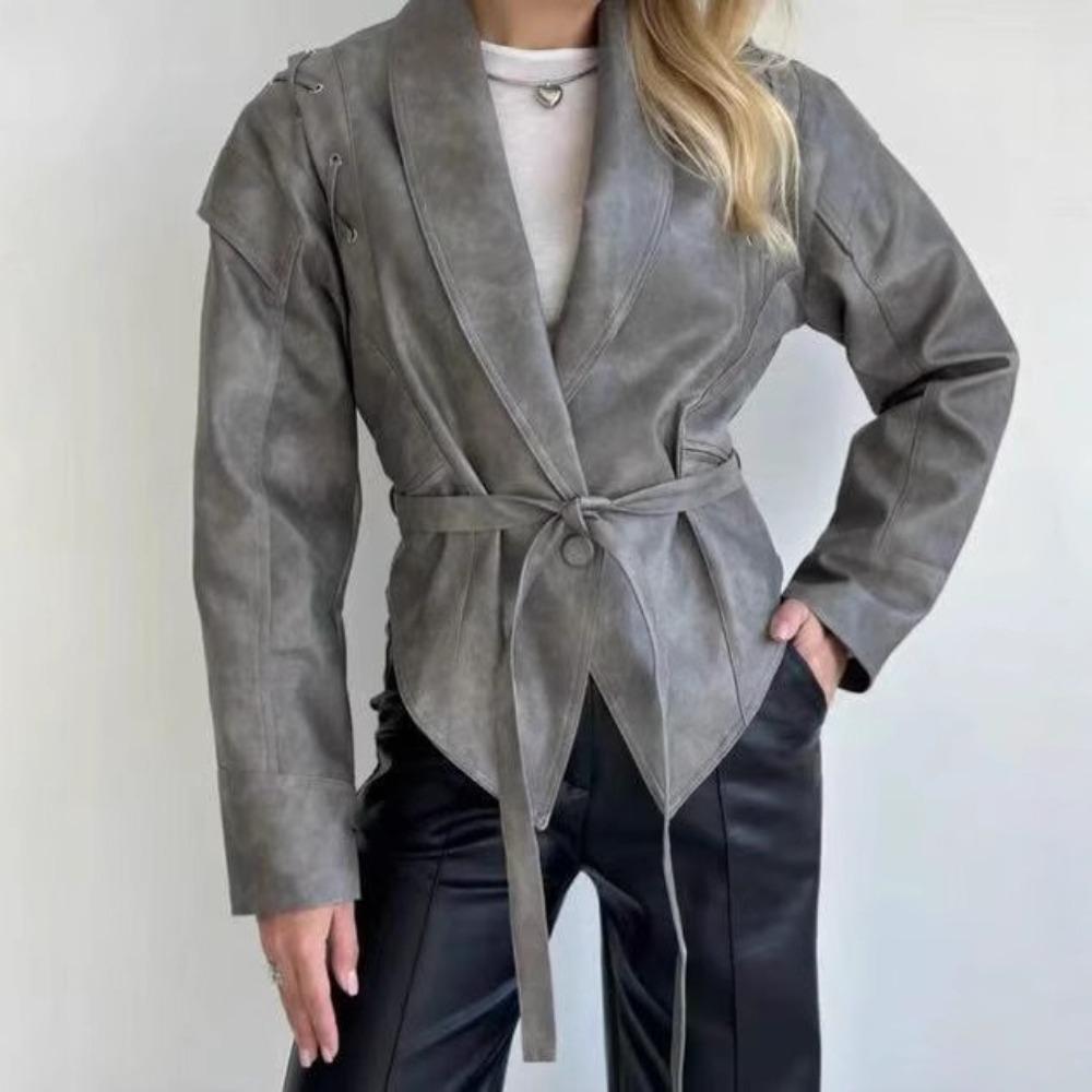 Vintage V-neck Belt Faux Leather Jackets Women Chic Full Sleeve Lace Up High Waist Lapel Overcoat Autumn Female Street Outerwear