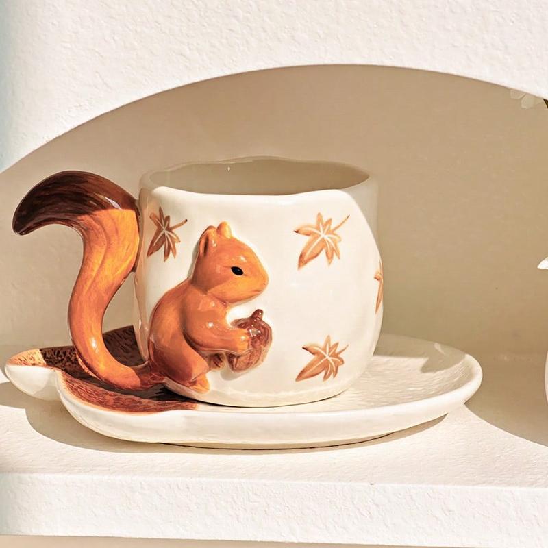 Squirrel Maple Leaf Relief Porcelain Cup&saucer Coffee Mug Dining Table Flower Mugs Afternoon Tea Teacup Fruits Juice Cup