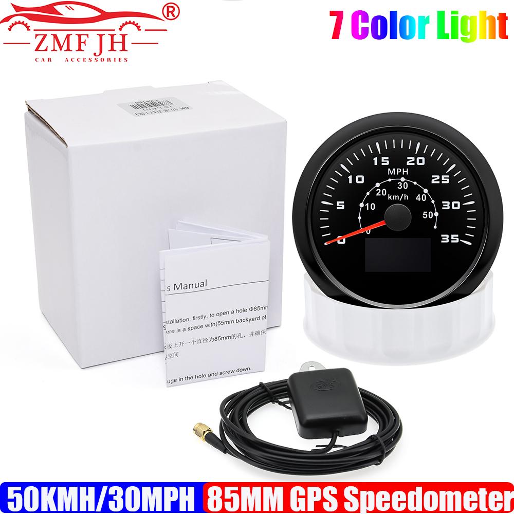 ZMFJH 0-50KMH, 0-30MPH 85MM GPS Tacho mit Antenne 7 Farbige Beleuchtung Geschwindigkeitsmesser Kilometerzähler Laufleistung COG TRIP Auto Auto Boot