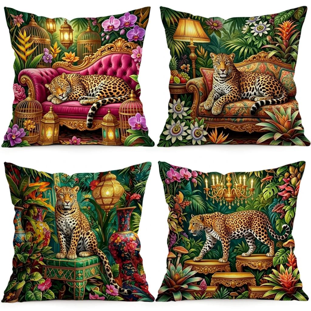1pcs/4pcs Tropical Jungle Leopard Cushions Pillowcase Polyester Cushion Cover Throw Pillow Pillowcover Home Car Sofa Decor