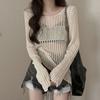 French Style Asymmetric Hollow Out Long Sleeve Knitwear Women's Spring Designed Unique See-Through Pearl Cardigan Top