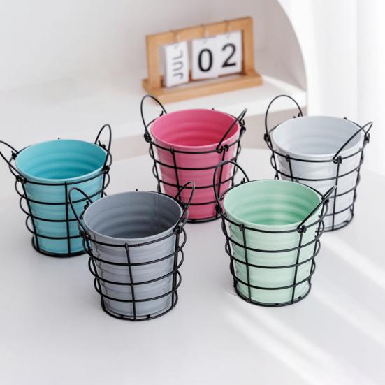 Storage Bucket with Iron Frame Hanging Planter Basket Balcony Flower Pot Hanger Home Decoration Vase with Handle for Living Room Courtyard