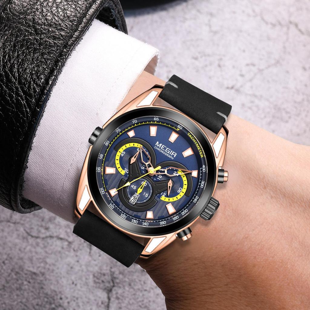 Megir Rose Black Luxury Chronograph Men Watches with Leather Strap