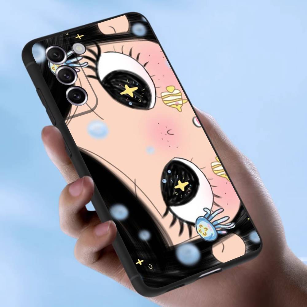 Kawaii Cute Black Big Eyes Cool Case For Samsung Galaxy Case S25 S23 S22 S21 S30 S20 S10 Ultra Plus FE TPU Soft Cover