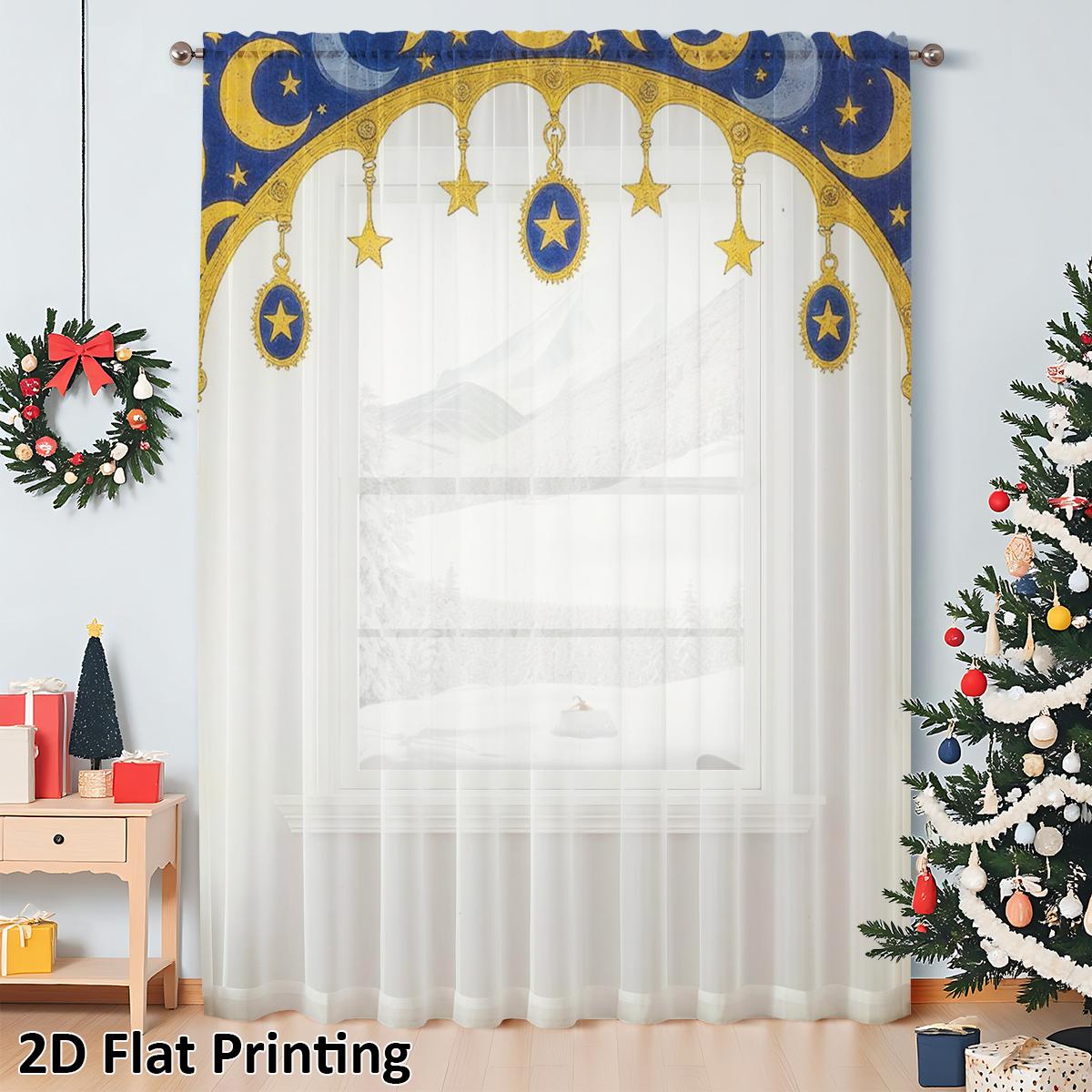 

Piece Gold Embossed Crescent Moon Window Curtain Filter Light Pole Design Ramadan Prayer Living Room Bedroom Decor Made Of Polyester Washable Ready W100*H70(CM)-Hooks&1PCS