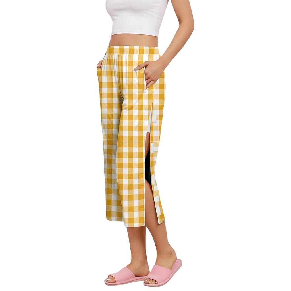 Pantaloni Capri da Donna per il Recupero Post-Chirurgico con Apertura Laterale, Vita Elastica, Leggeri, Comodi, Vestibilità Larga, Fantasia a Quadri