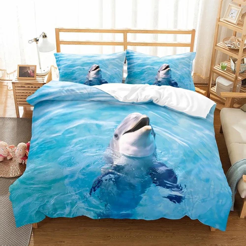 Fashion Blue Dolphin Duvet Cover Set Cute Aniaml Bed Linen Pillowcase Luxury Home Texitle Queen Full Size 3D Bedding Sets Sea