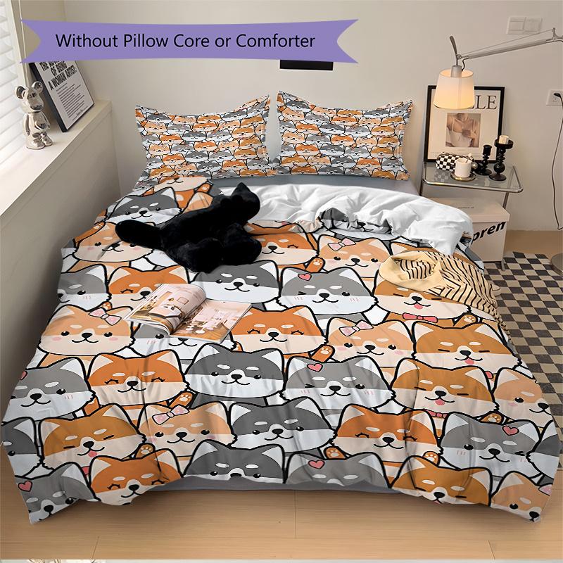 3pcs Cute Cartoon Dogs Quilt Cover Set (1 Quilt Cover + 2 Pillowcases Without Pillow Core)