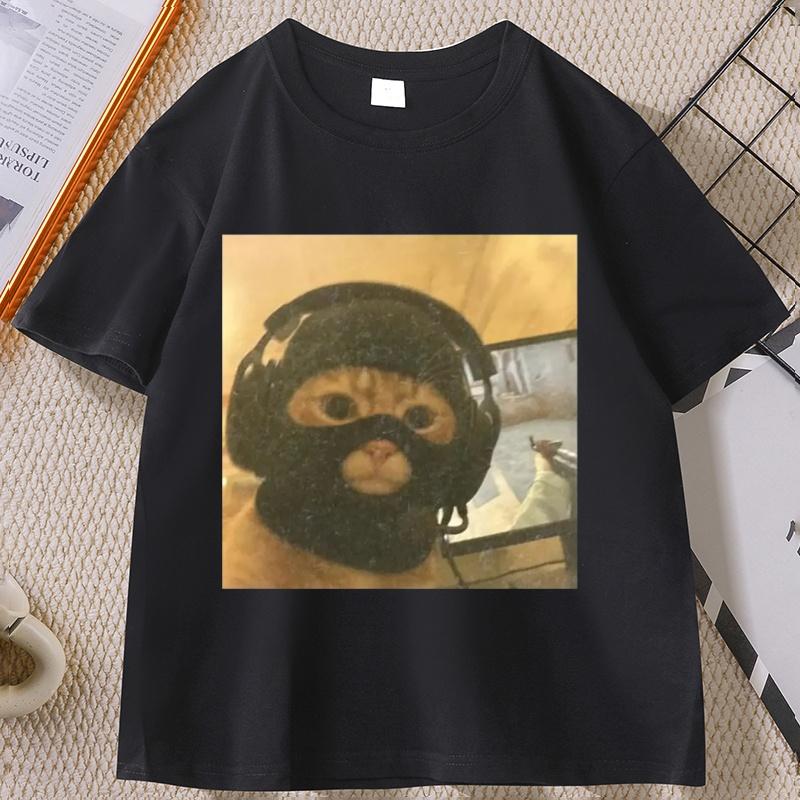 Vintage Funny Gamer Cat T Shirt Tactical Kitty Joke Tee Cool Cat Short Sleeve Round Neck Tshirt Streetwear Loose Clothes Tops