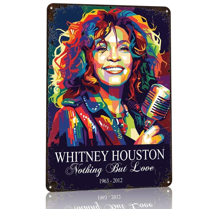 Whitney Houston Portret Pop-Art Spersonalizowany Metalowy Plakat Teksturowany Sztuka na Ścianę Znak z Blachy na Akcesoria do Pokoju Dekoracja Ścienna