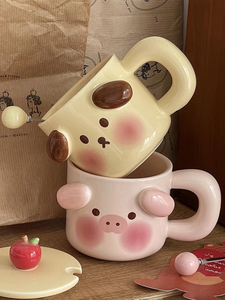 Mark Cup Cute Cartoon with Cover Spoon Couple Ceramic Men and Women Creativity Gift Birthday Hand Gift Boxed Water Cup 400ml 1Pc