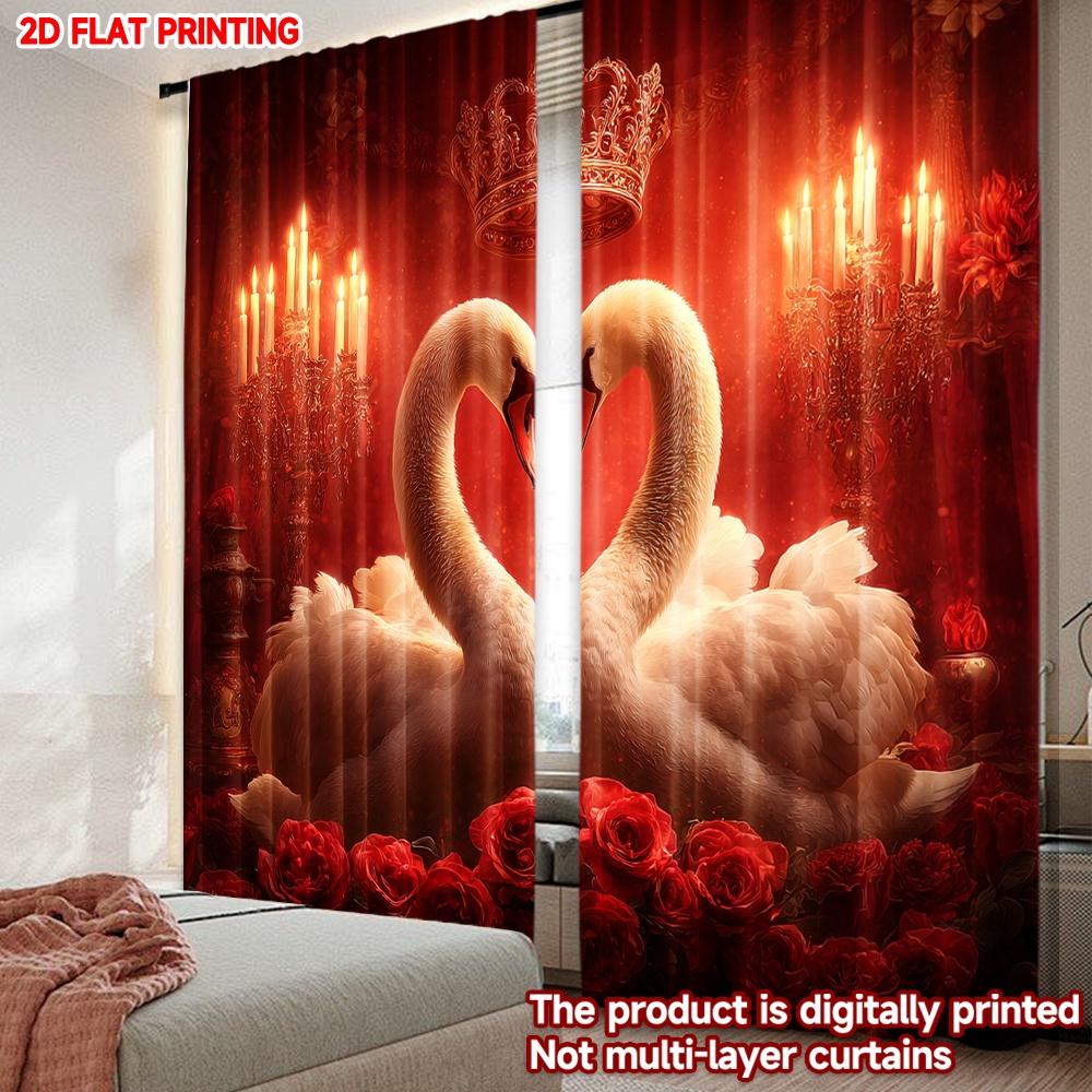 Set Of 2 Flat Printing Happy Valentine Day Window Curtains Swan Love Digital Printed Polyester Drapes All Season Party Made