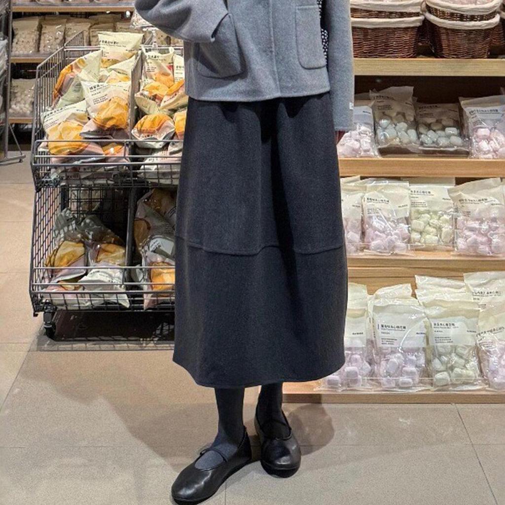 Deep Gray Elastic Waist Women's Wool Skirt - Slimming Mid-Length for Autumn/Winter 2025