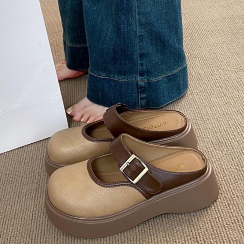 Women's New Style Closed Toe Slippers One Foot Soft Flat Rubber Comfortable Height Increase PU Basic Fabric Casual Shoes