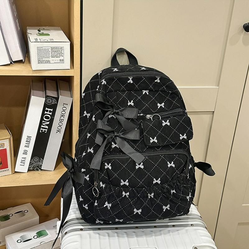 

Cute Corduroy Backpack for Fashi Bow School Bag Student Travel Laptop Backpack Comfortable and Versatile Texture Coach Bag чёрный