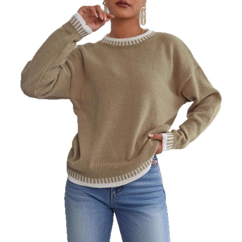 Women S Casual Loose Pullover Sweater Round Neck Long Sleeve Color Block
